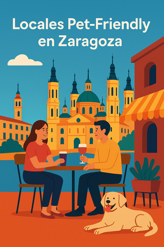 Ilustración de una terraza pet-friendly en Zaragoza con perros y el Pilar de fondo