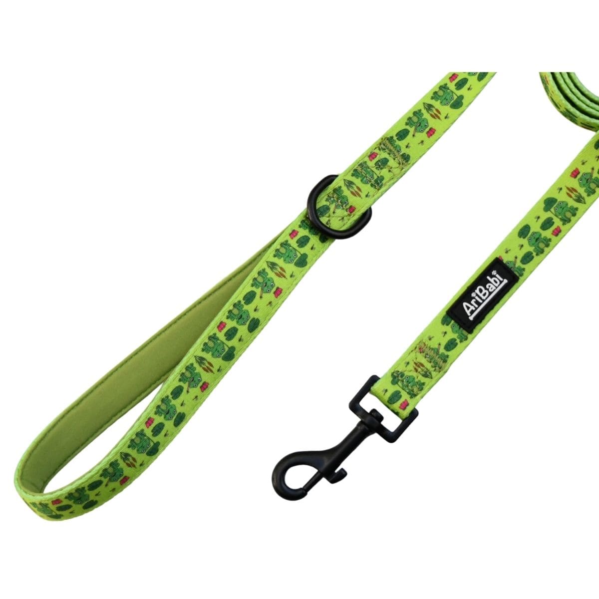 Correa verde para perro con dibujos de ranas de la colección Amazonas con asa acolchada.