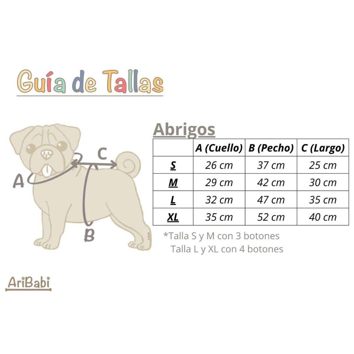 Guía de talla para elegir adecuadamente el abrigo de la marca Aribabi.