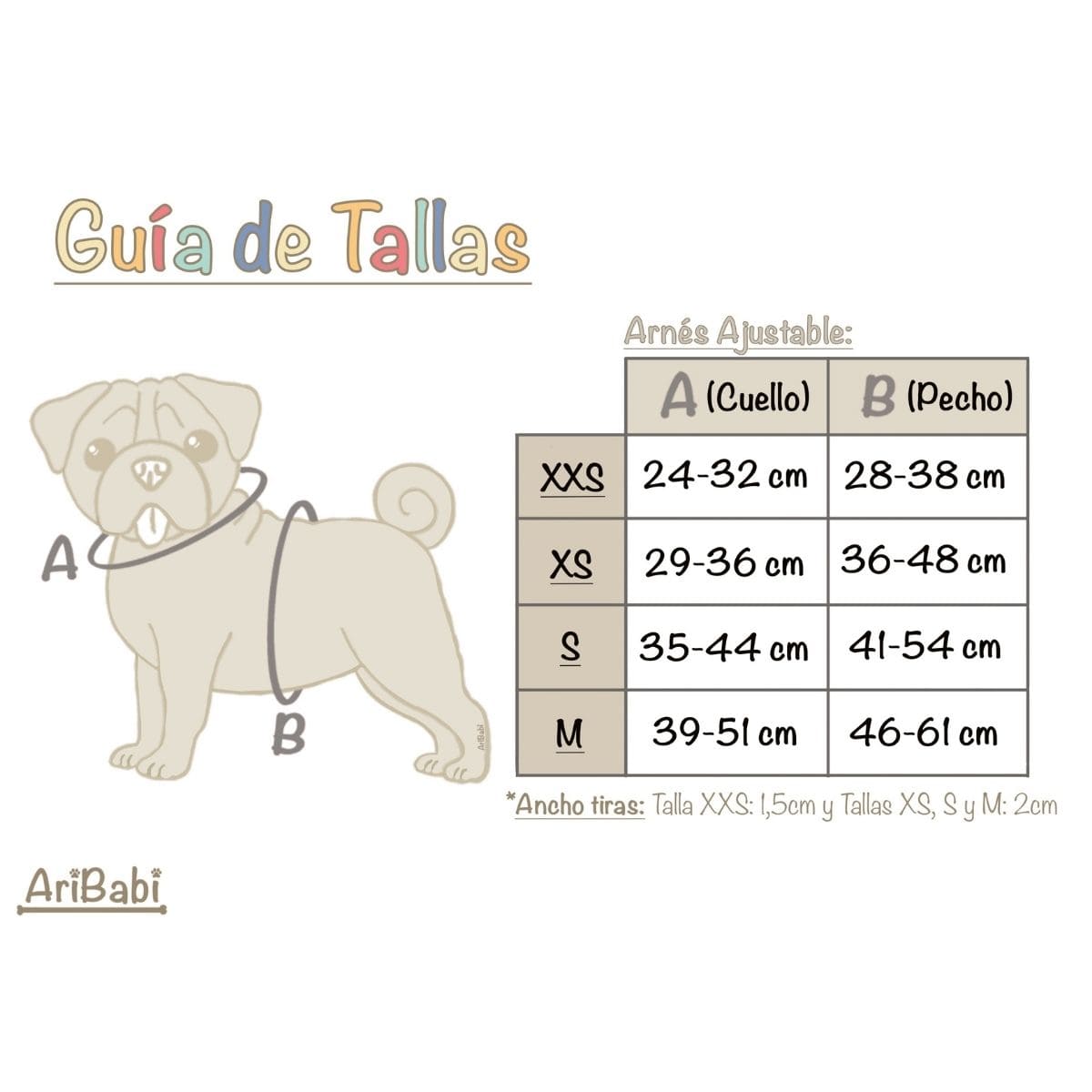 Guía de talla para elegir adecuadamente el arnés ajustable de la marca Aribabi.