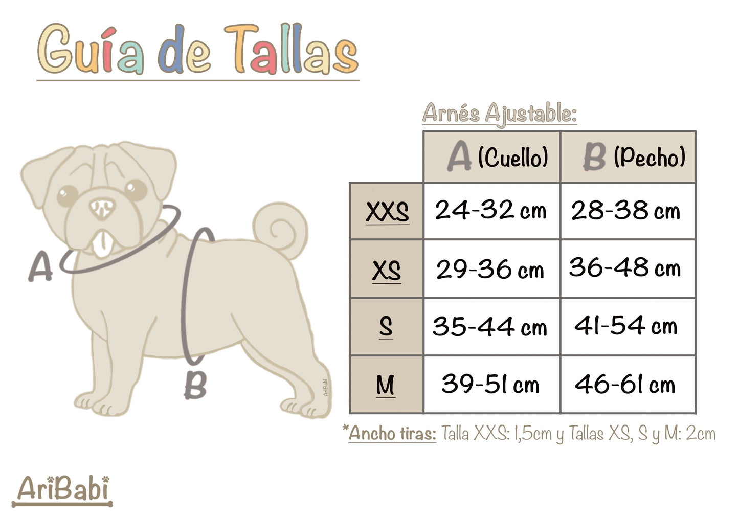 Guía de talla para elegir adecuadamente el arnés ajustable de la marca Aribabi.