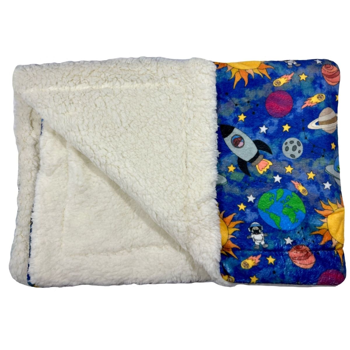 Manta suave azul con dibujos de planetas de la colección Laika con borreguito interno.