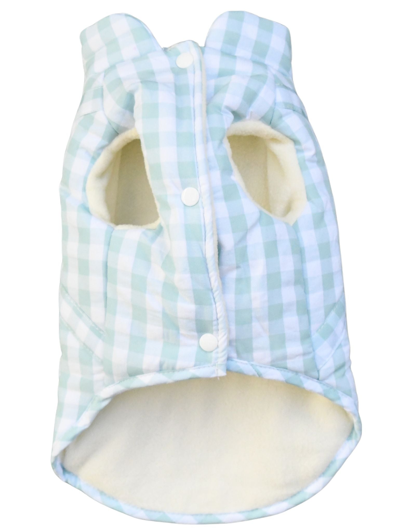 Abrigo vichy azul para perro de la marca Aribabi con forro de borreguito.