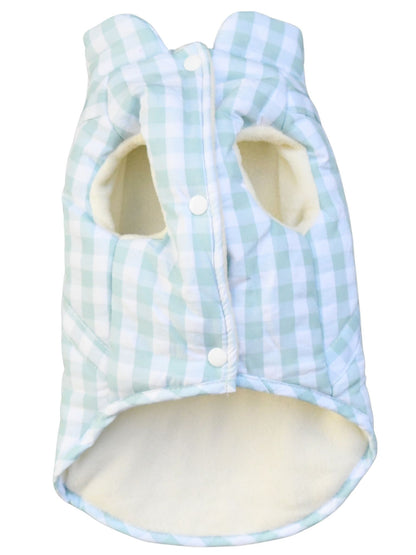 Abrigo vichy azul para perro de la marca Aribabi con forro de borreguito.