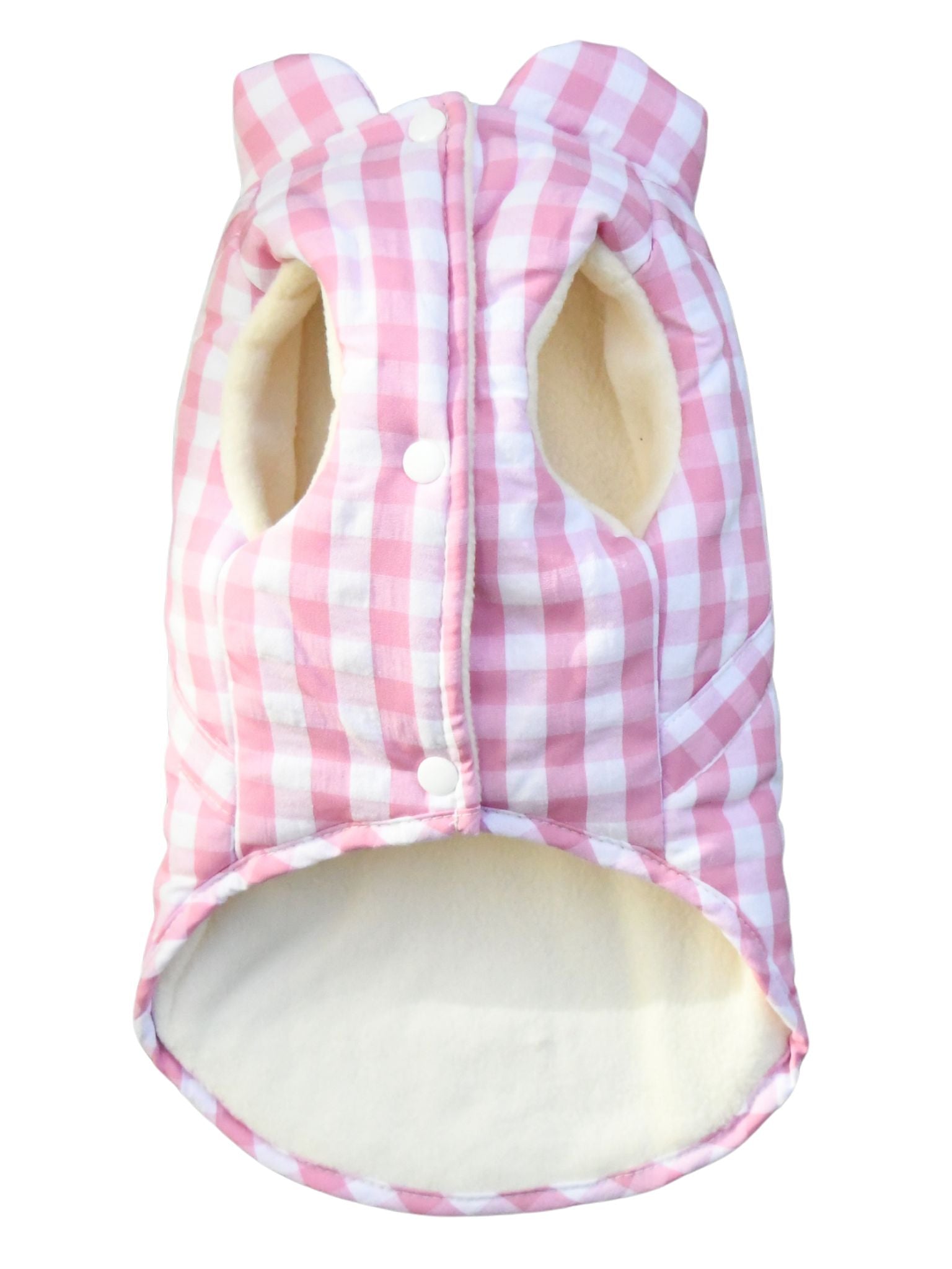 Abrigo vichy rosa para perro de la marca Aribabi con forro de borreguito.