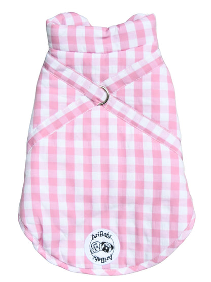 Abrigo vichy rosa para perro de la marca Aribabi con anilla.