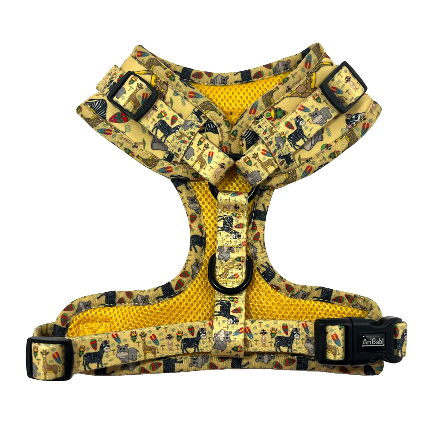 Arnés ajustable amarillo para perro con dibujos de animales de la colección Kenia de la marca Aribabi, mostrando la parte trasera acolchada.