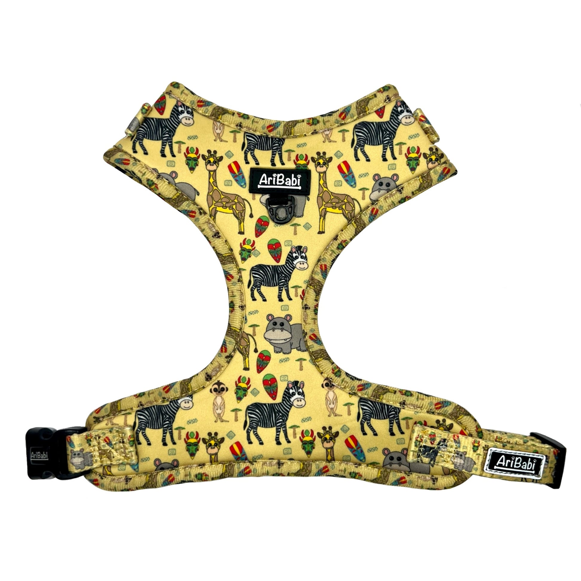 Arnés ajustable amarillo para perro con dibujos de animales de la colección Kenia de la marca Aribabi.