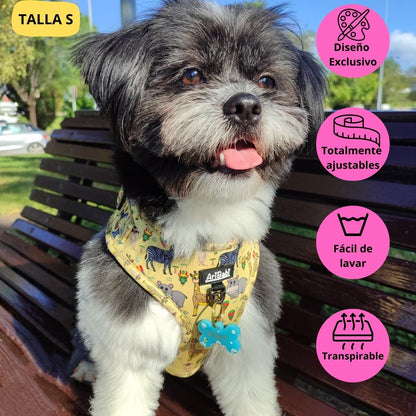 Arnés ajustable amarillo con dibujos de animales de la colección Kenia colocado en perro shitzu.