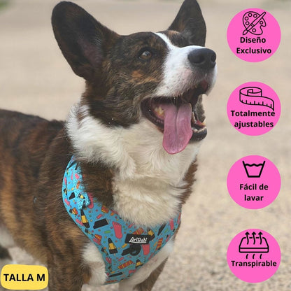 Arnés ajustable azul con dibujos de helados de la colección Frigopata colocado en perro grande ideal para verano.