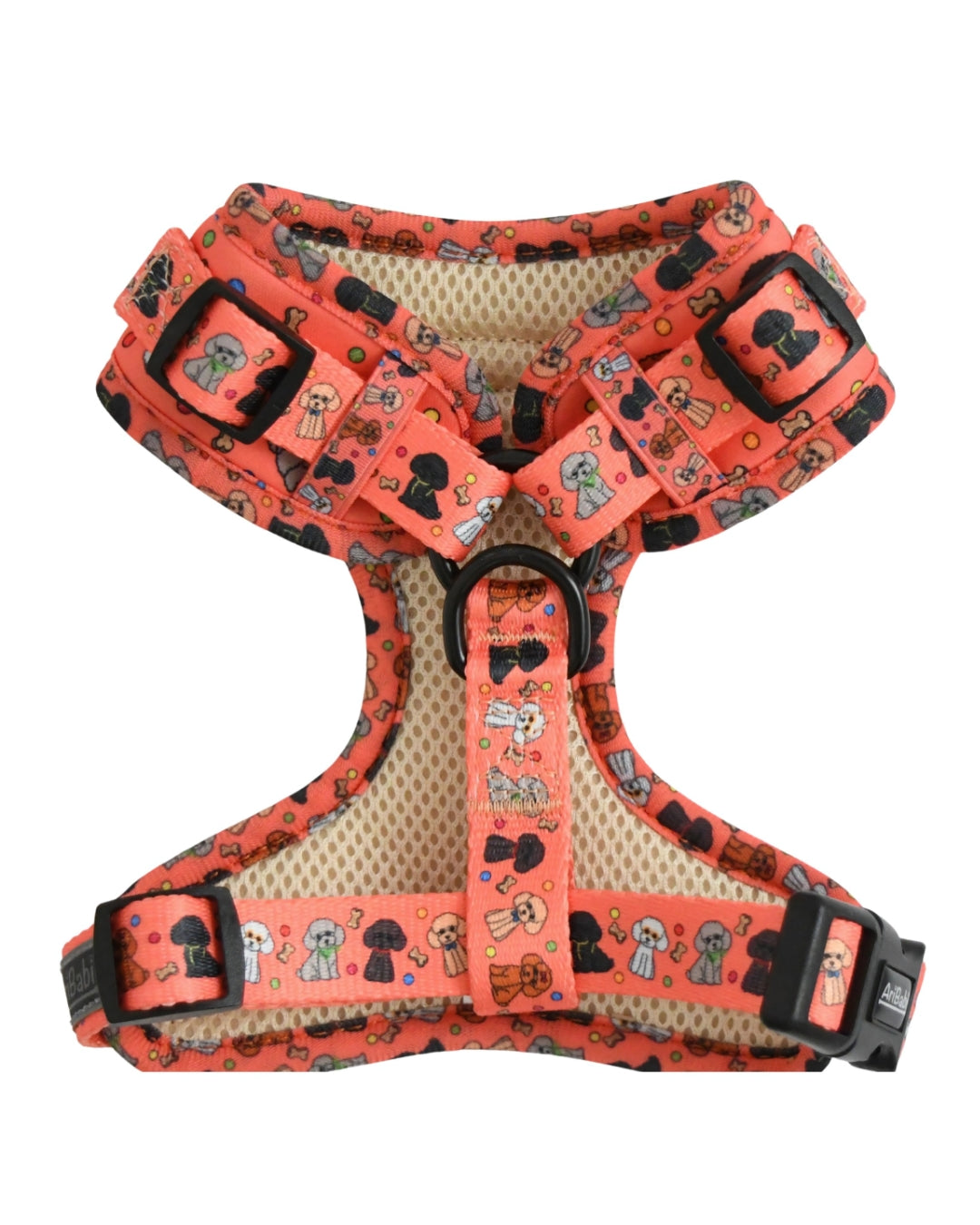 Arnés ajustable coral para perro acolchado con dibujos de caniches de la colección Caniche mostrando la parte trasera acolchada.