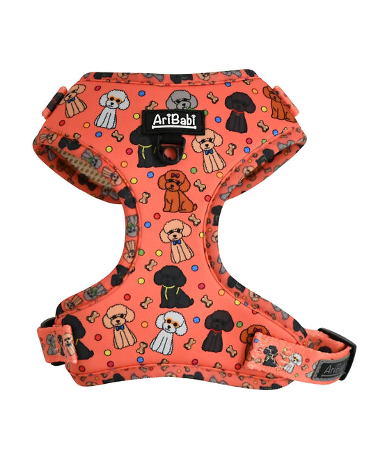 Arnés ajustable coral para perro con dibujos de caniches de la colección Caniche de la marca Aribabi.