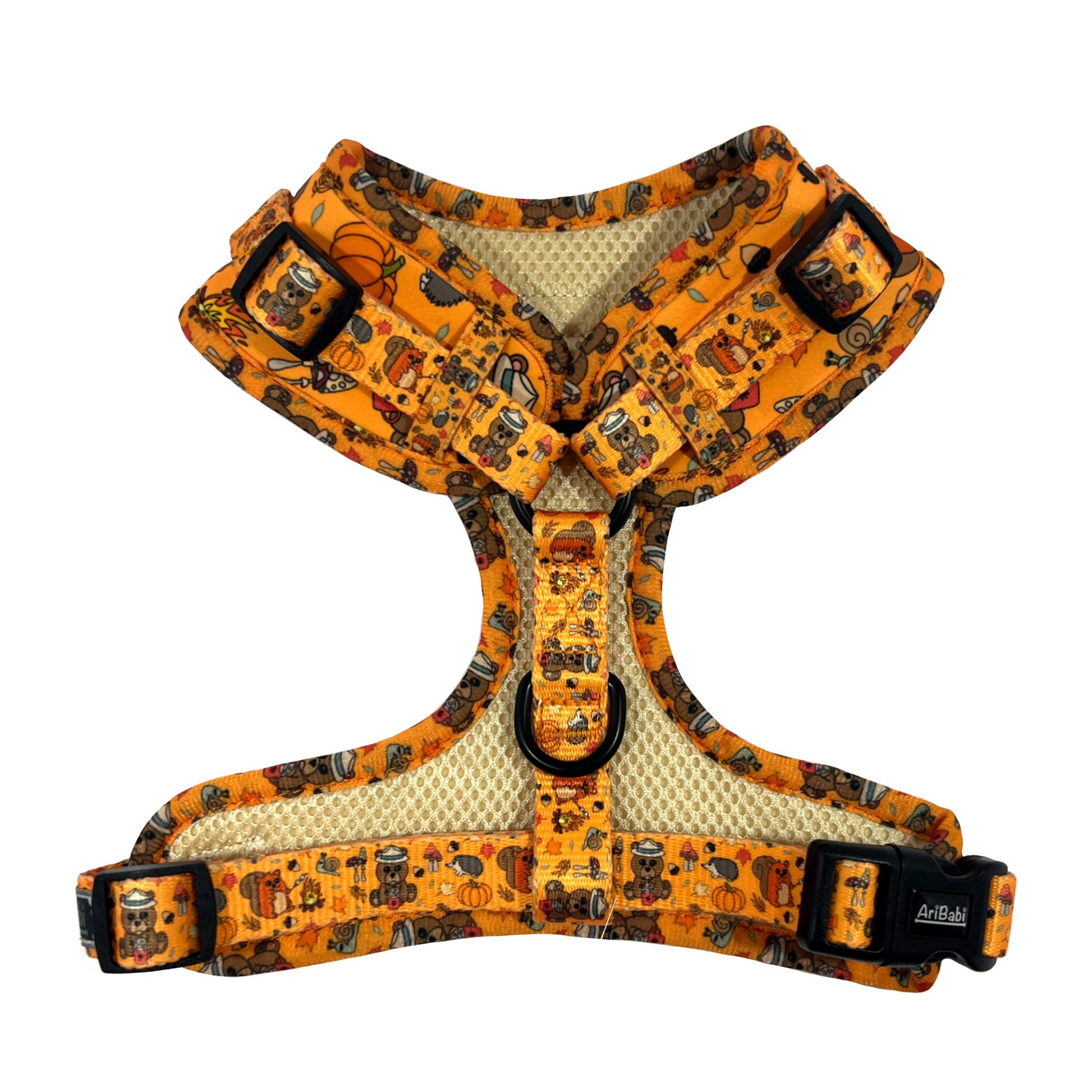 Arnés ajustable naranja para perro con dibujos de animales de la colección Yosemite mostrando la parte trasera acolchada.