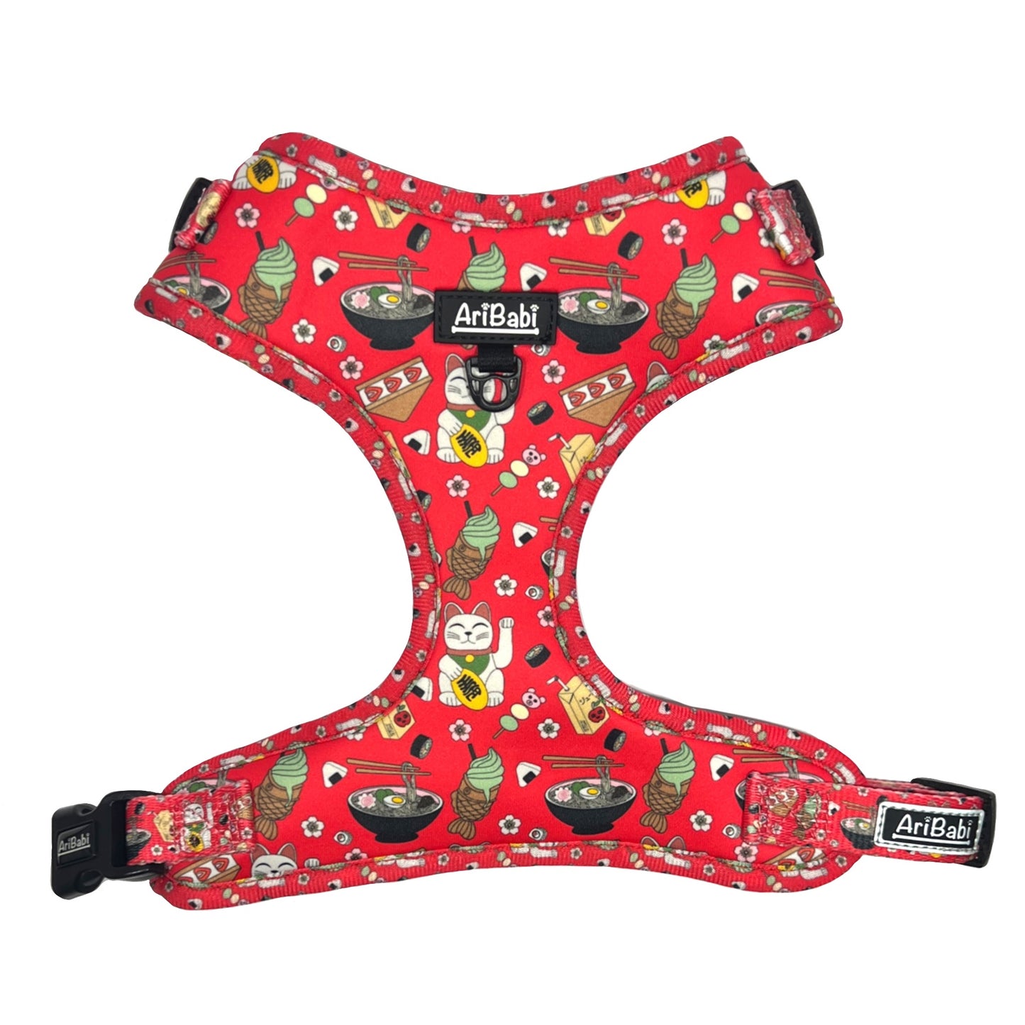 Arnés ajustable rojo para perro con dibujos de sushi de la colección Tokio de la marca Aribabi.
