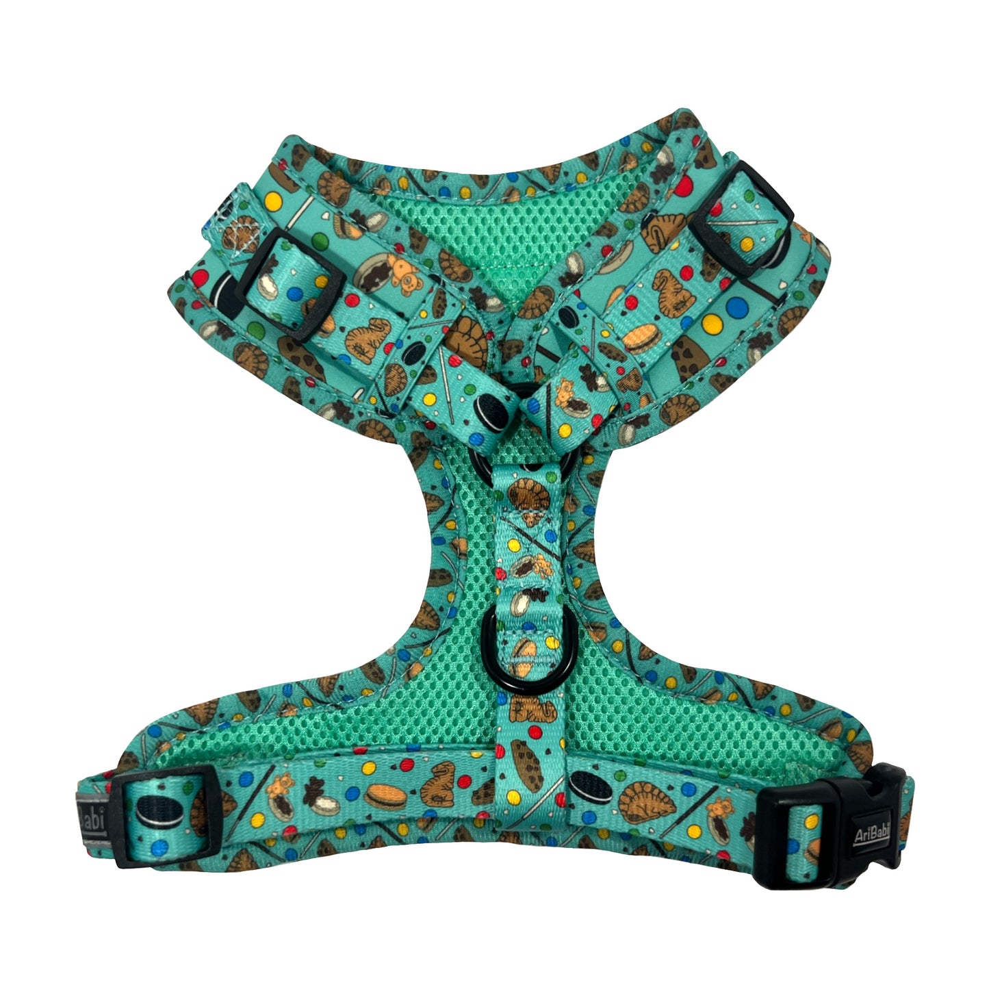 Arnés ajustable verde para perro con dibujos de galletas de la colección Cookies mostrando la parte trasera acolchada.