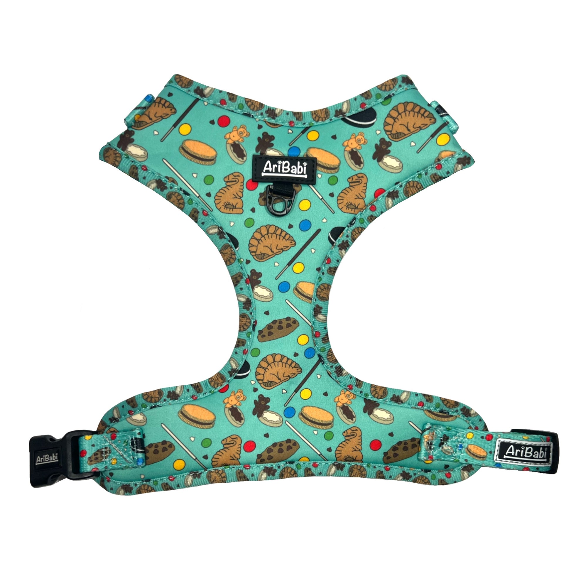 Arnés ajustable verde para perro con dibujos de galletas de la colección Cookies de la marca Aribabi.