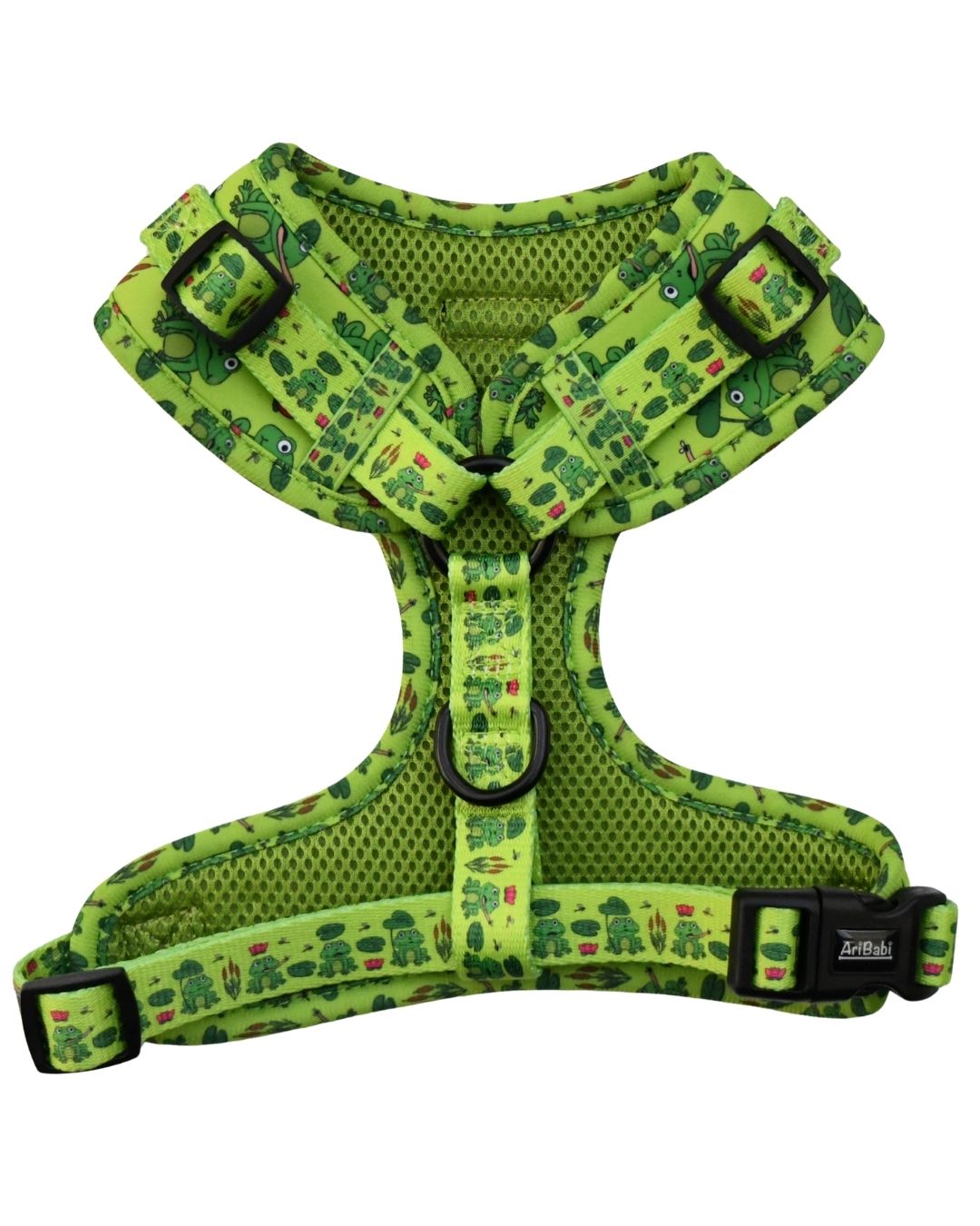 Arnés ajustable verde acolchado para perro con dibujos de ranas de la colección Amazonas.