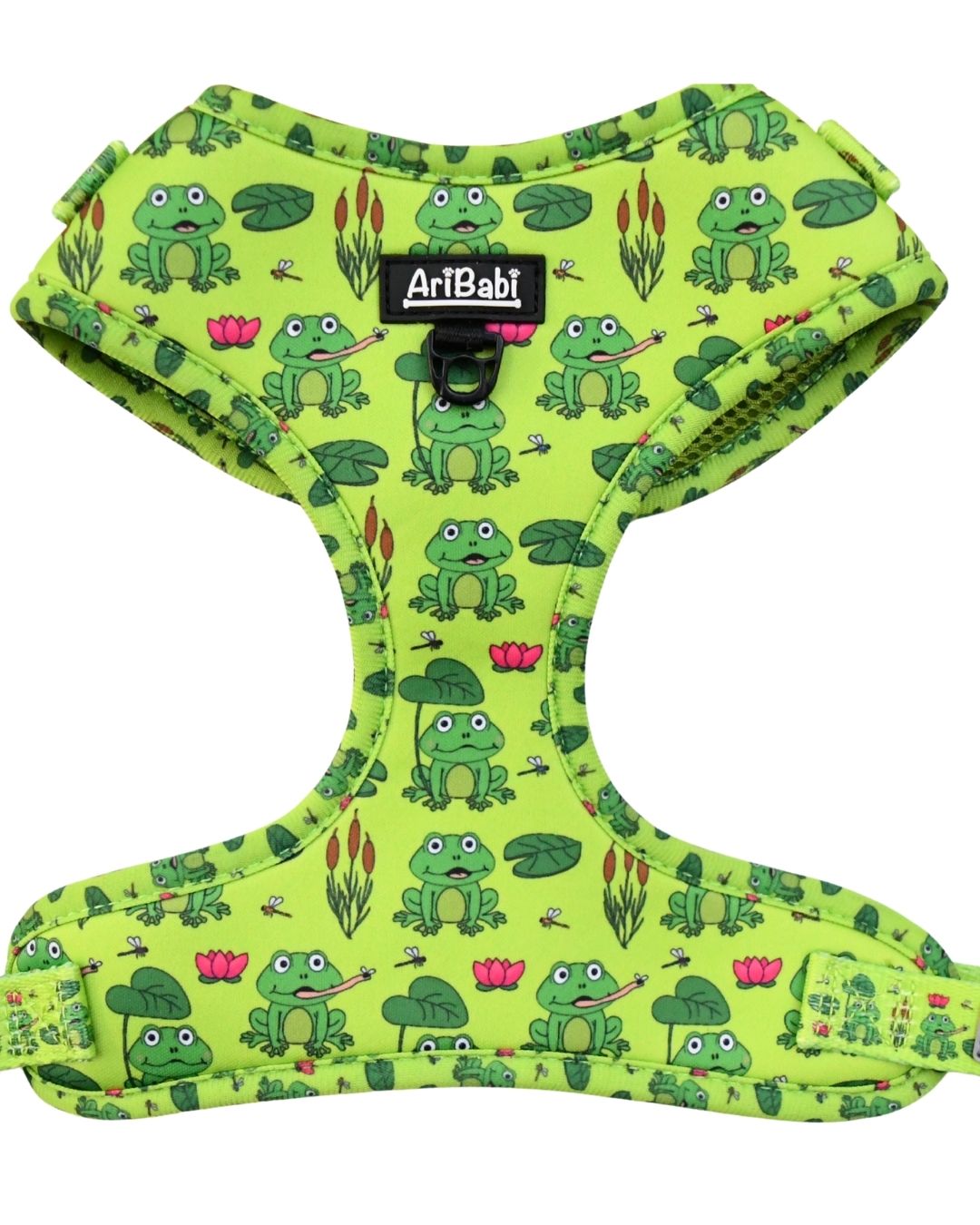 Arnés ajustable verde para perro con dibujos de ranas de la colección Amazonas de la marca Aribabi.