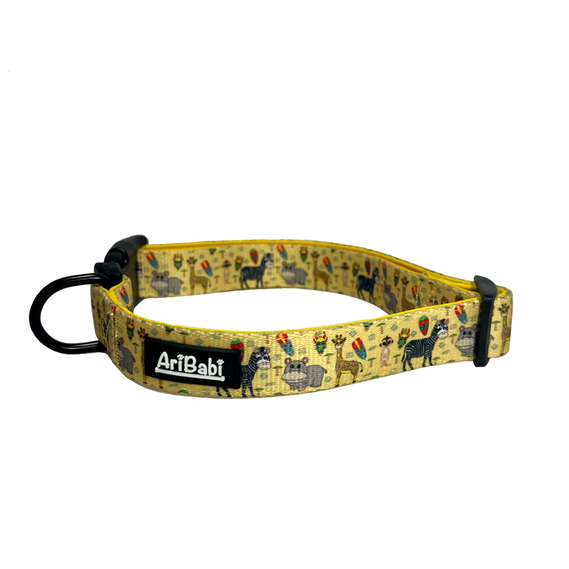 Collar ajustable amarillo para perro  y/o gato con dibujos de animales de la colección Kenia de la marca Aribabi.