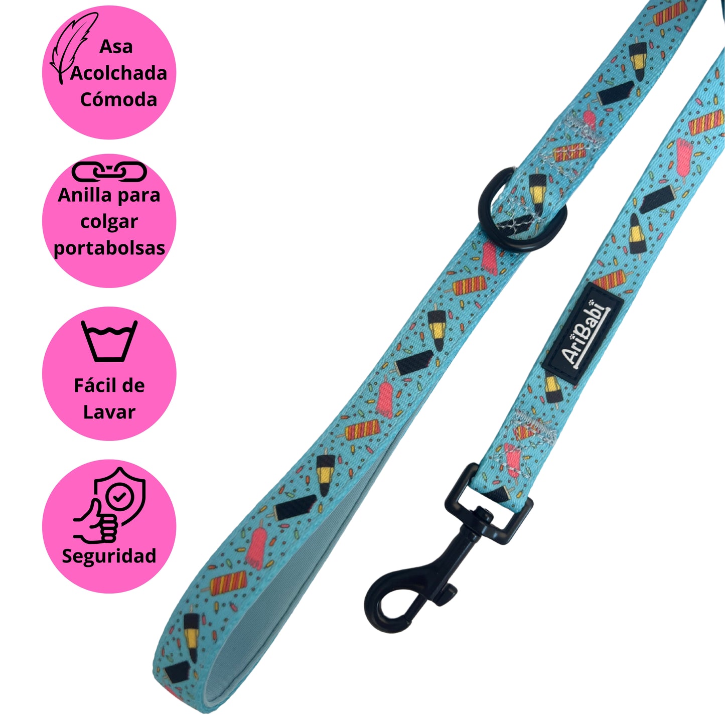 Correa azul para perro con dibujos de helados de la colección Frigopata con el asa acolchada ideal para verano.