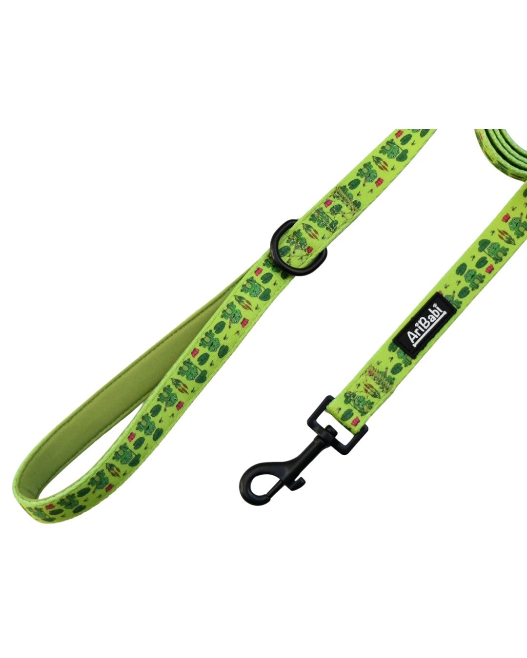 Correa verde para perro con dibujos de ranas de la colección Amazonas con asa acolchada. 