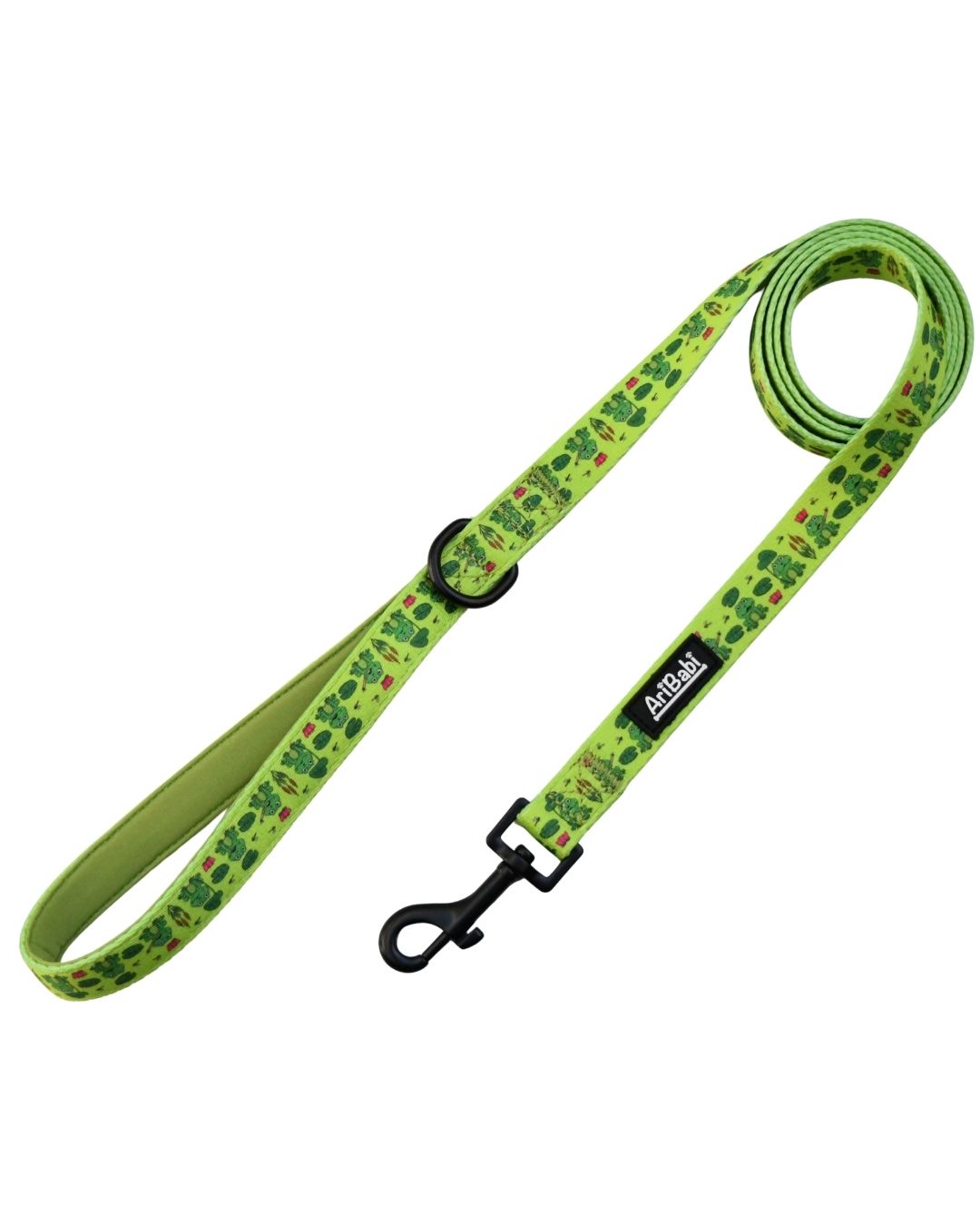 Correa verde para perro con dibujos de ranas de la colección Amazonas de la marca Aribabi.
