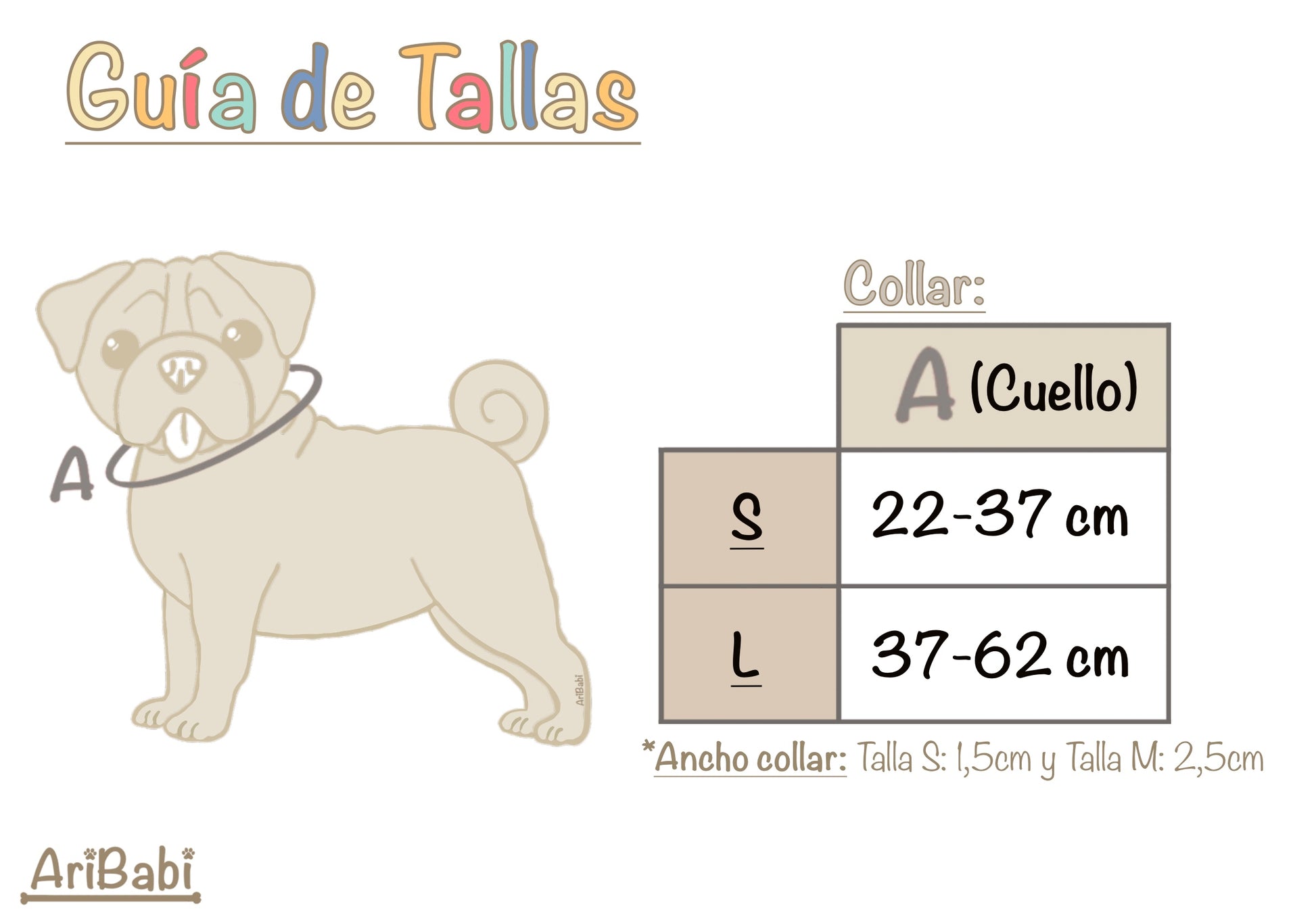 Guía de talla para elegir adecuadamente el collar ajustable de la marca Aribabi.