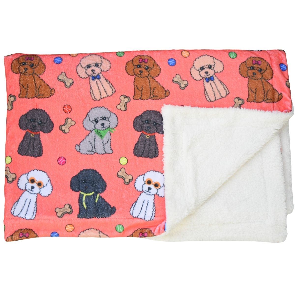 Manta suave coral con dibujos de caniches de la colección Caniche mostrando el interior de borreguito.