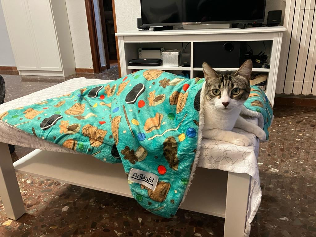 Manta suave verde con dibujos de galletas de la colección Cookies con gato tumbado.