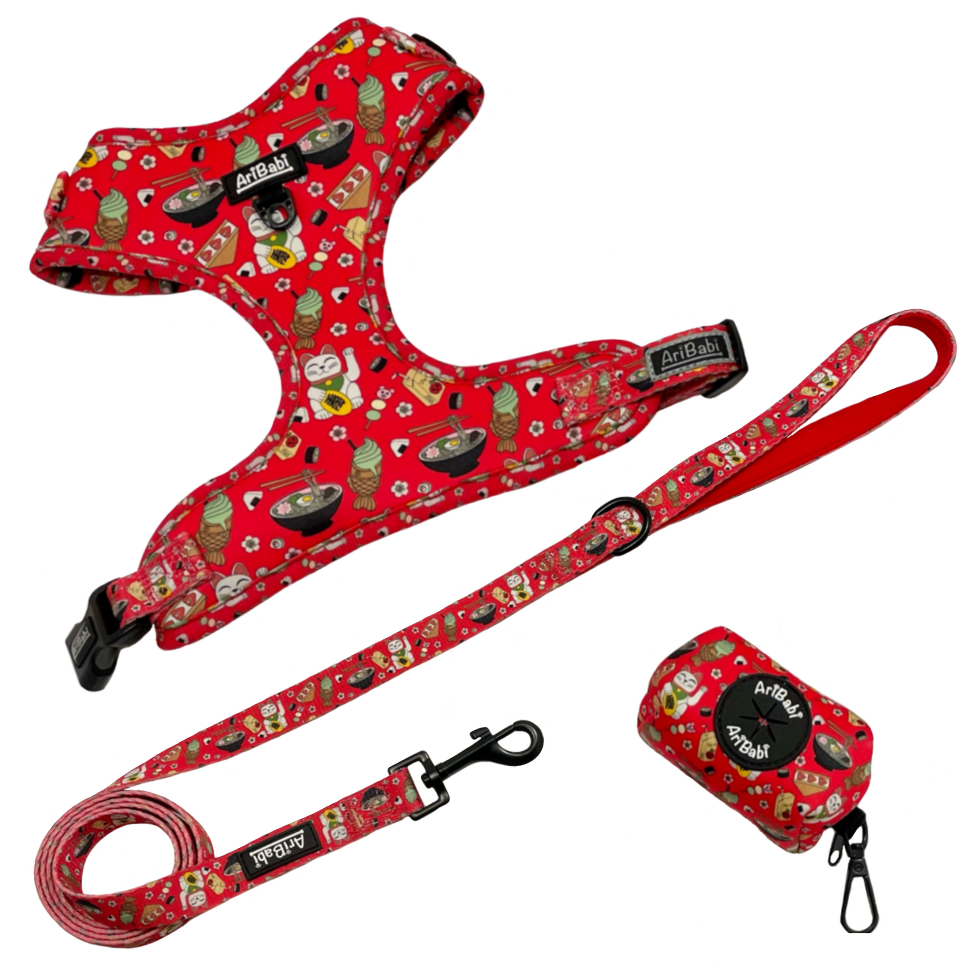 Conjunto de arnés ajustable con correa y portabolsas rojo con dibujos de sushi de la colección Tokio de la marca Aribabi.