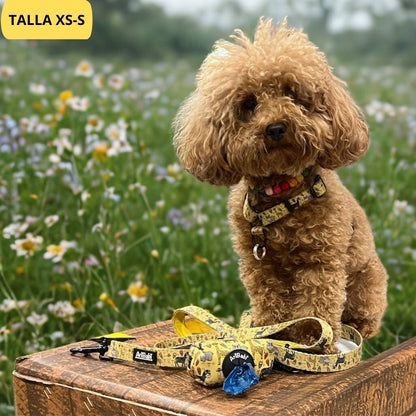 Conjunto de arnés clásico ajustable amarillo con correa y portabolsas a juego con dibujos de animales de la colección Kenia colocado en caniche.