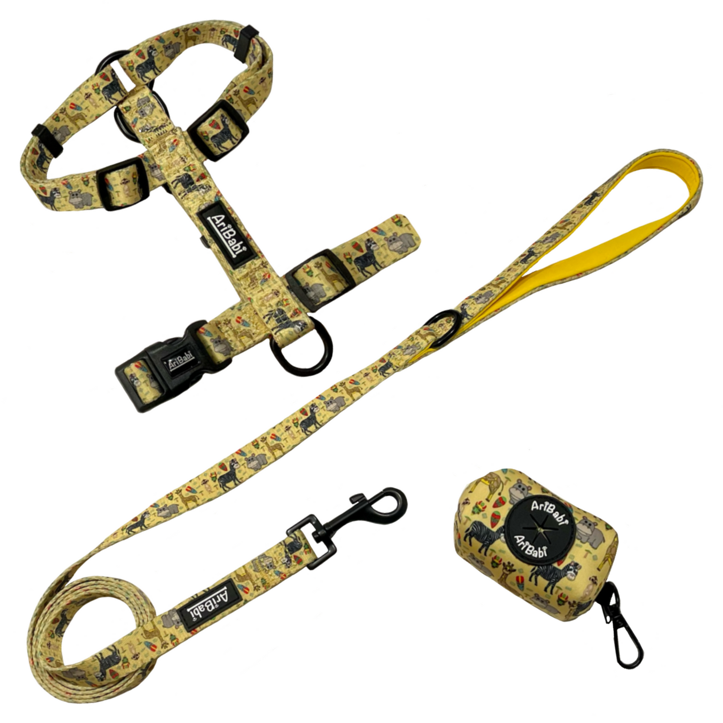 Conjunto de arnés clásico ajustable con correa y portabolsas amarillo con dibujos de animales de la colección Kenia de la marca Aribabi.