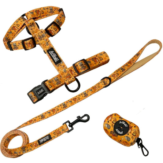 Conjunto de arnés clásico ajustable con correa y portabolsas naranja con dibujos de animales de la colección Yosemite de la marca Aribabi.