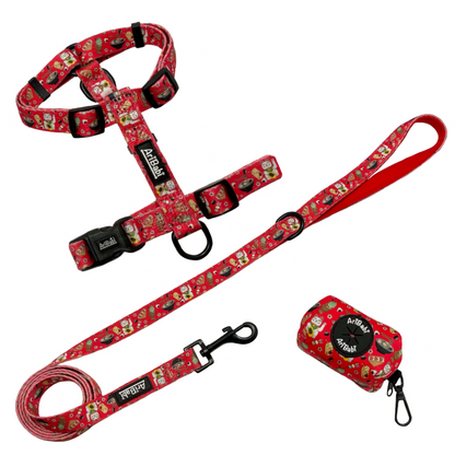Conjunto de arnés clásico ajustable con correa y portabolsas rojo con dibujos de sushi de la colección Tokio de la marca Aribabi.