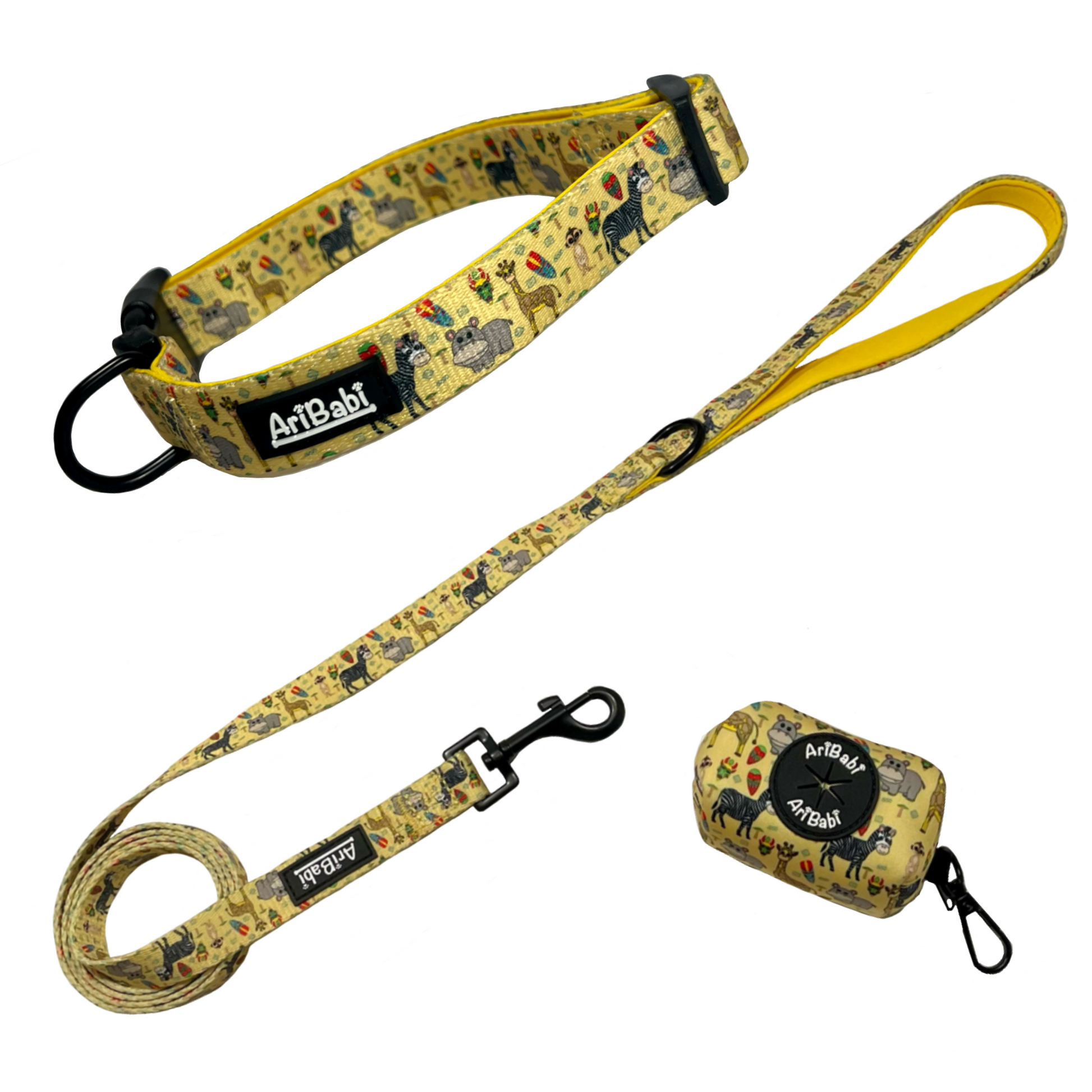 Conjunto de collar ajustable con correa y portabolsas amarillo con dibujos de animales de la colección Kenia de la marca Aribabi.