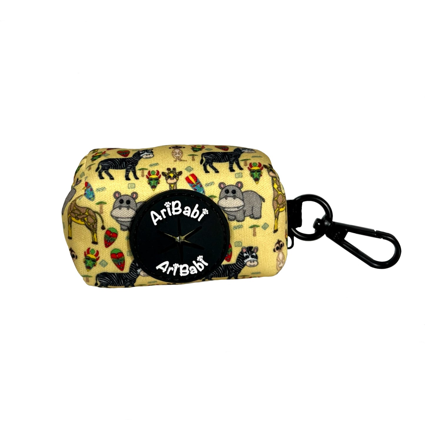 Portabolsas amarillo para perro con dibujos de animales de la colección Kenia de la marca Aribabi.