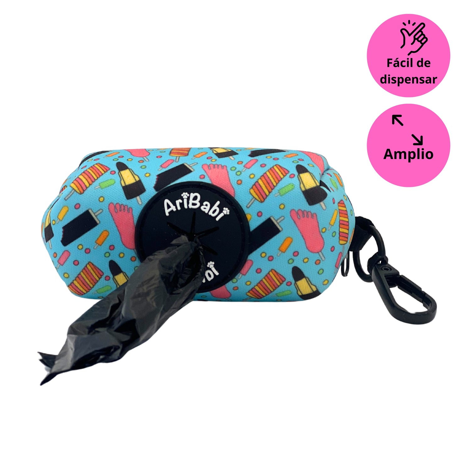 Portabolsas azul para perro con dibujo de helados de la colección Frigopata ideal para verano dispensando una bolsa.