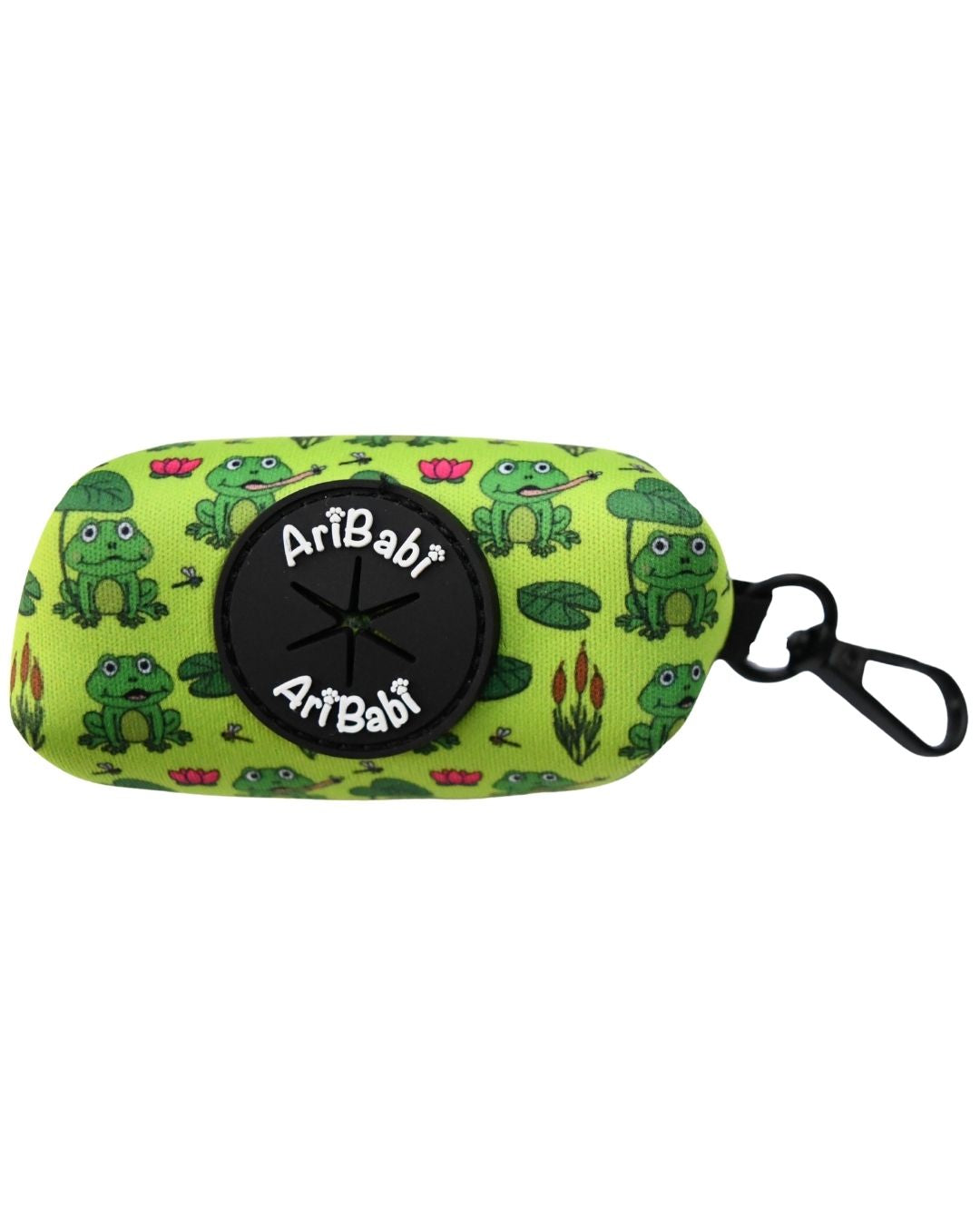 Portabolsas verde para perro con dibujos de ranas de la colección Amazonas de la marca Aribabi.