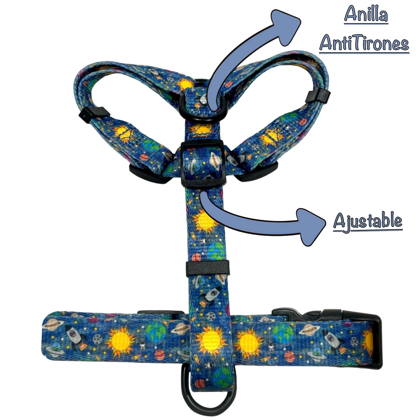 Arnés clásico ajustable azul para perro con dibujos de planetas de la colección Laika detallando características.