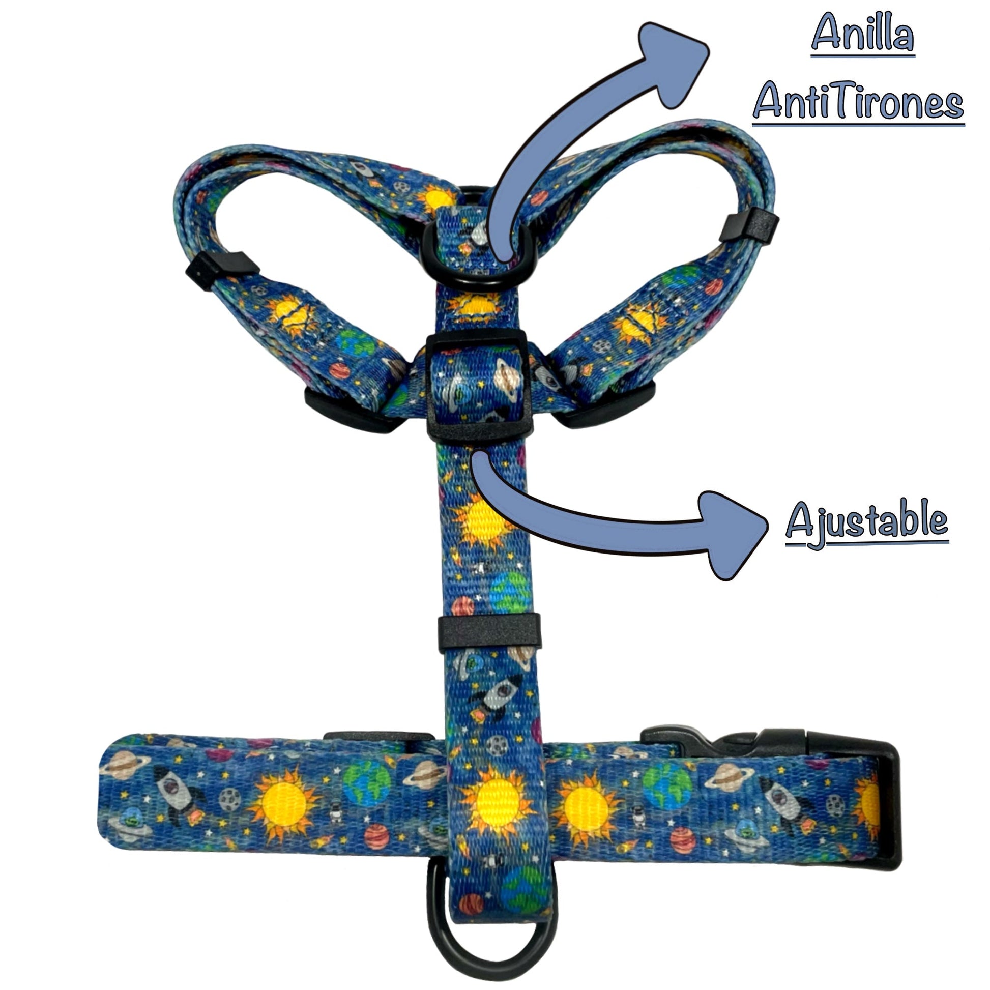 Arnés clásico ajustable azul para perro con dibujos de planetas de la colección Laika detallando características.