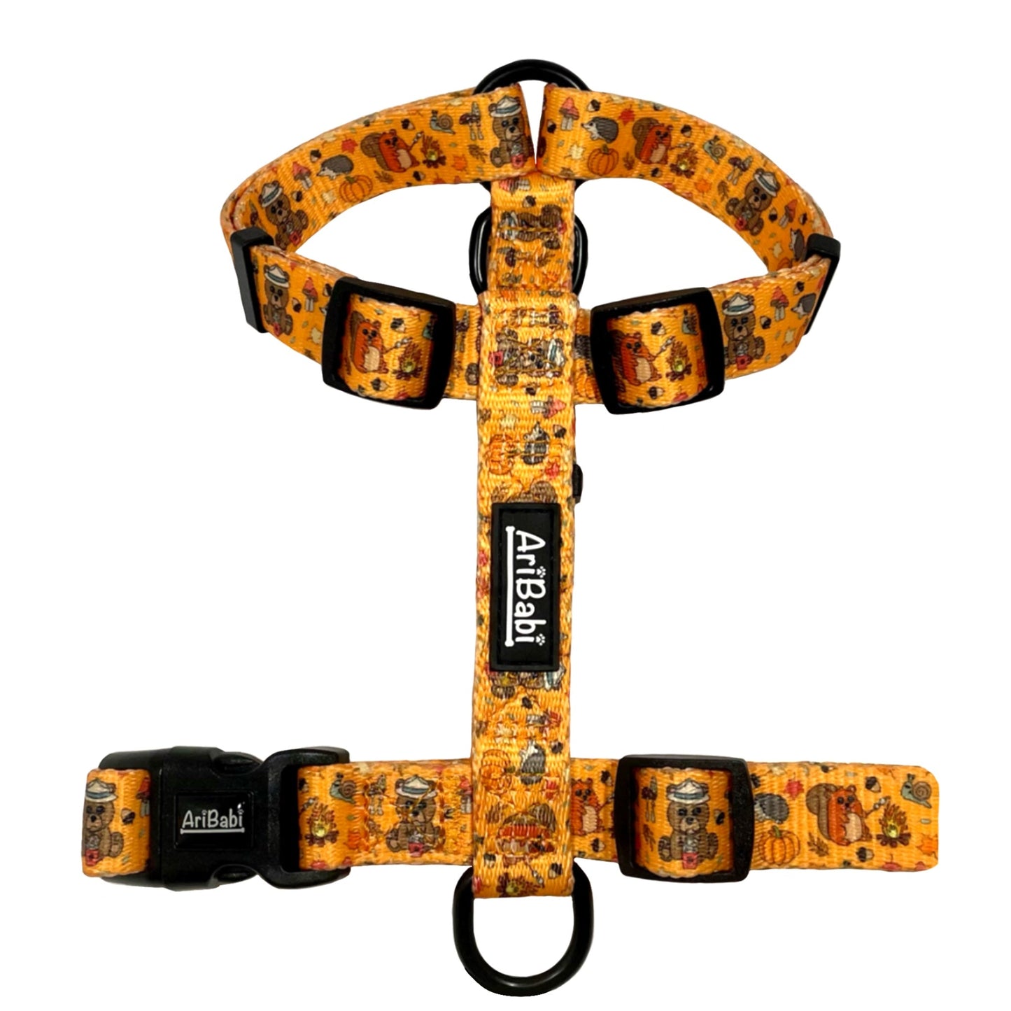 Arnés clásico ajustable naranja para perro con dibujos de animales de la colección Yosemite de la marca Aribabi.