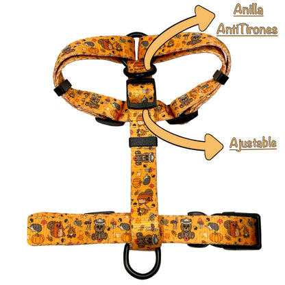 Arnés clásico ajustable naranja para perro con dibujos de animales de la colección Yosemite detallando características.