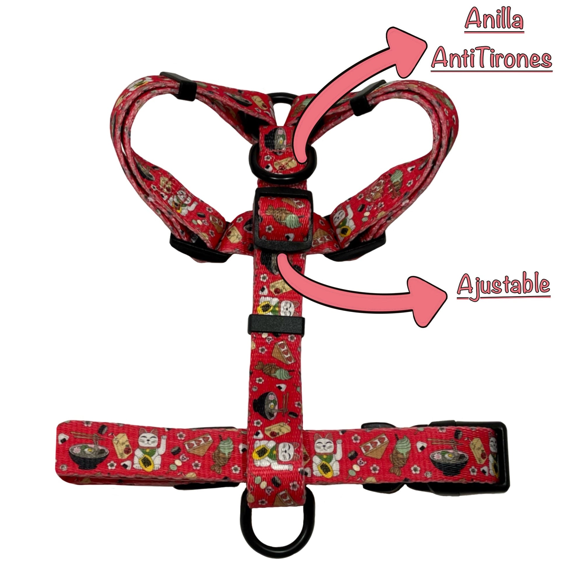 Arnés clásico ajustable rojo para perro con dibujos de sushi de la colección Tokio detallando características.
