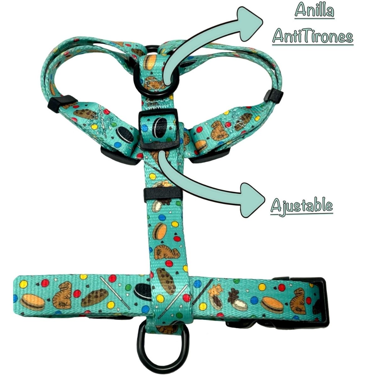 Arnés clásico ajustable verde para perro con dibujos de galletas de la colección Cookies detallando características.