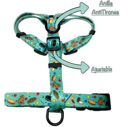 Arnés clásico ajustable verde para perro con dibujos de galletas de la colección Cookies detallando características.