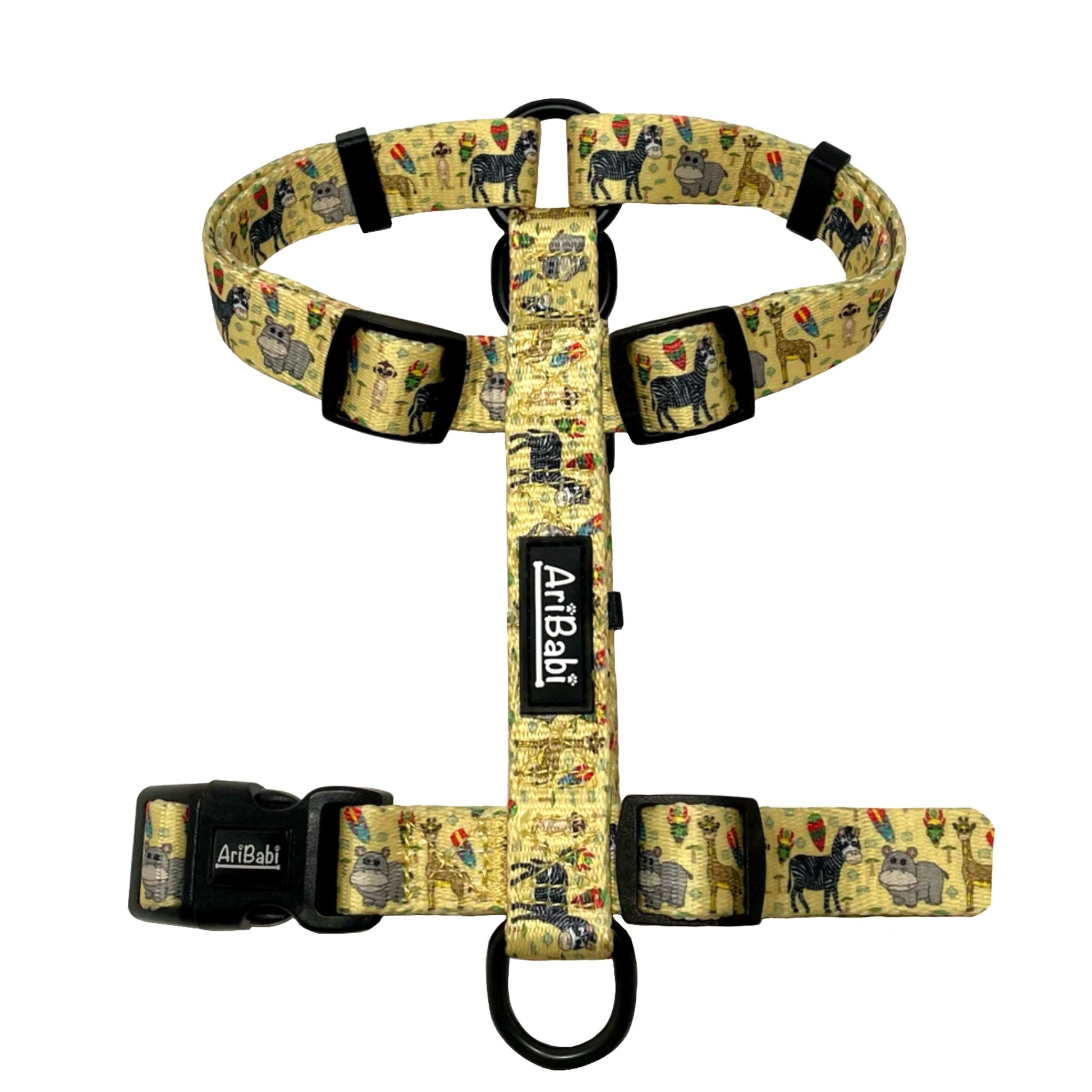 Arnés clásico amarillo para perro con dibujos de animales de la colección Kenia de la marca Aribabi.