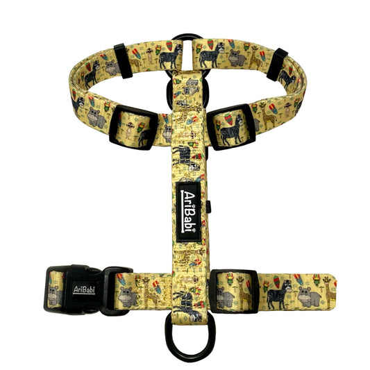 Arnés clásico amarillo para perro con dibujos de animales de la colección Kenia de la marca Aribabi.