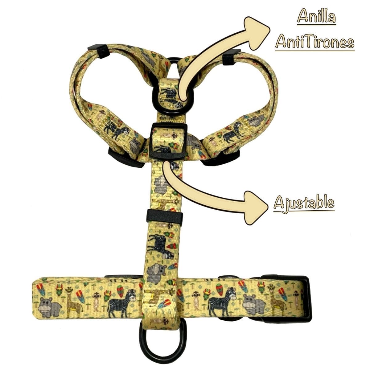 Arnés clásico amarillo para perro con dibujos de animales de la colección Kenia de la marca Aribabi con características destacadas.