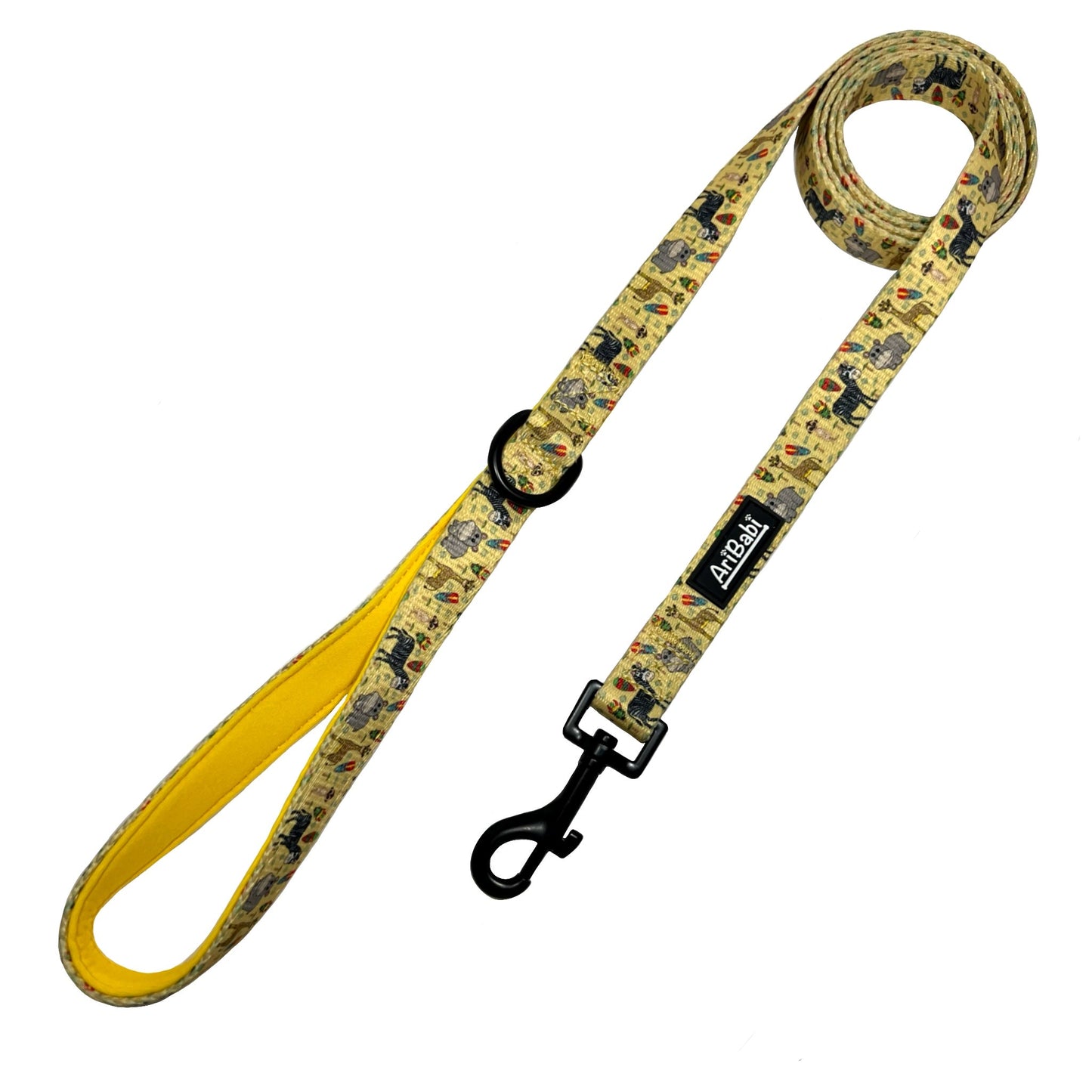 Correa amarilla para perro con dibujos de animales de la colección Kenia de la marca Aribabi.