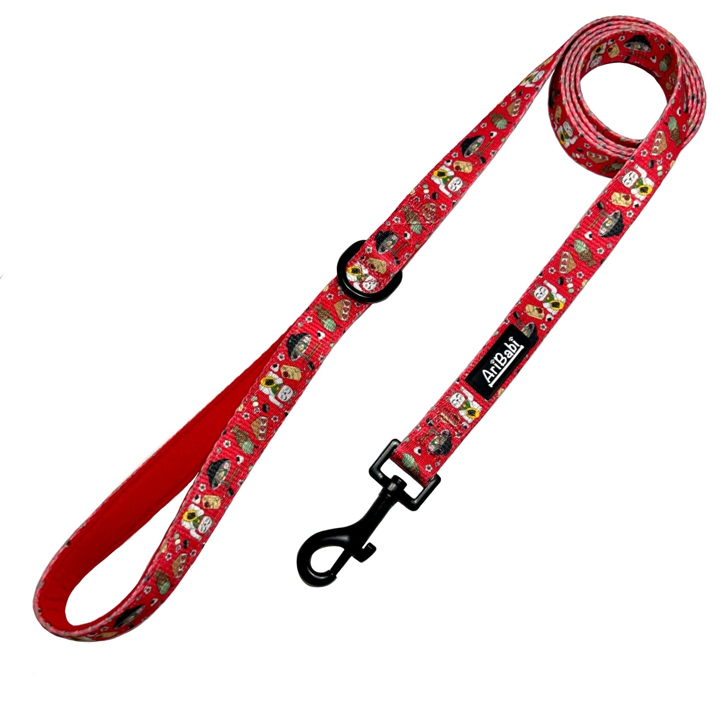 Correa roja para perro con dibujos de sushi de la colección Tokio de la marca Aribabi.